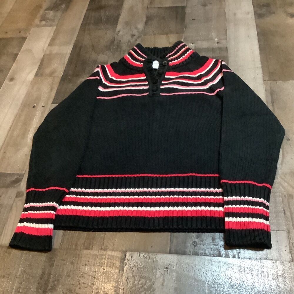 Liz Claiborne Sweater Size L Black Pink stripe 1/4 button